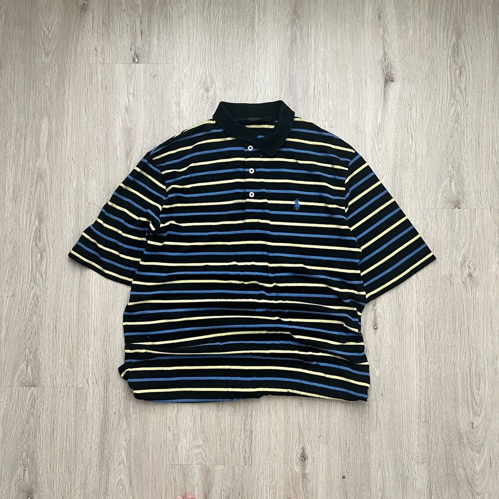 Vintage 2000s Polo Golf Shirt Mens M Black Blue Yellow Striped Short Sleeve